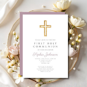 Mauve Script Religious Cross Boy First Communion Invitation