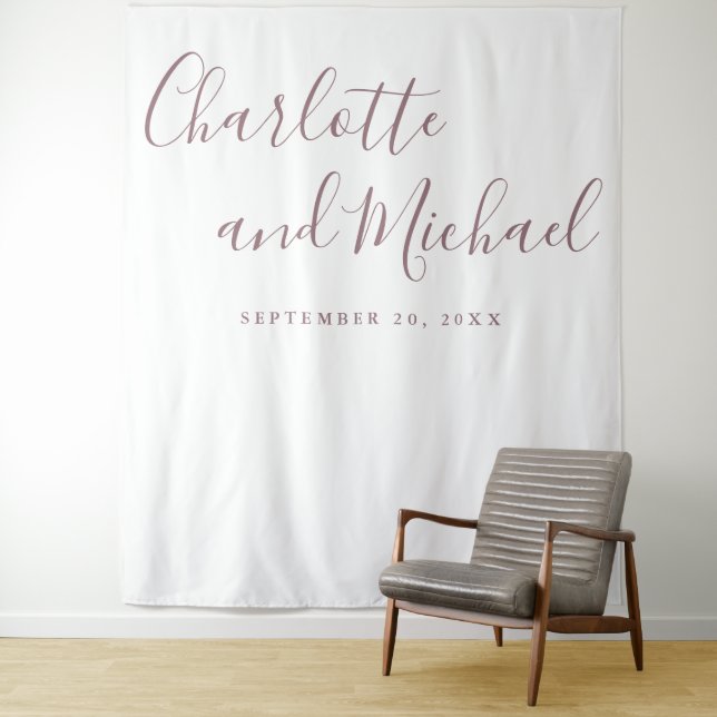 Mauve Script Wedding Photo Booth Backdrop Tapestry (In Situ)