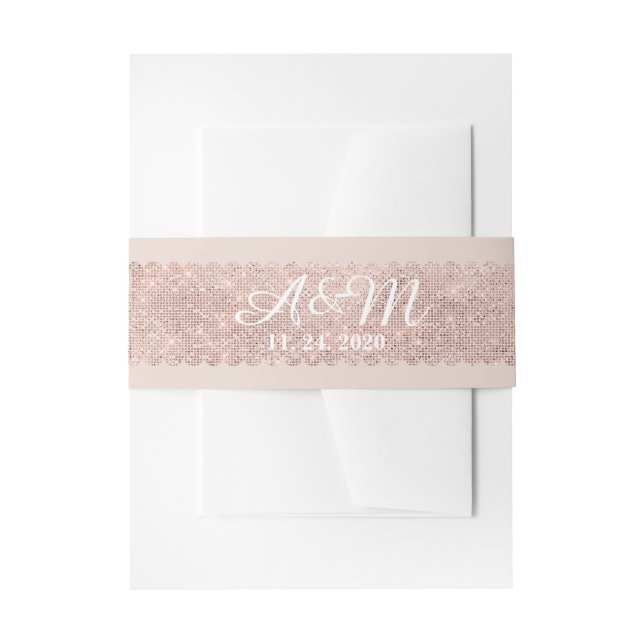 Mauve Shimmering Scallop Tulle Monogram Wedding Invitation Belly Band (Front Example)