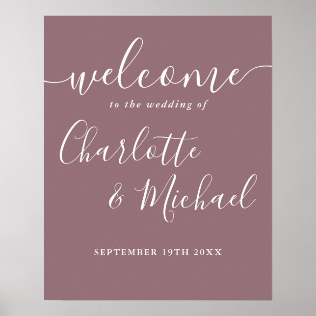 Mauve Signature Script Wedding Welcome Sign (Front)