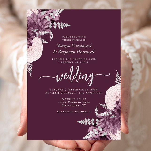 Mauve Silver Floral QR Code Wedding Invitation (Creator Uploaded)