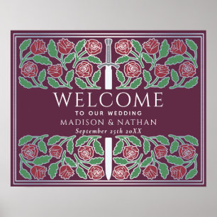 Mauve Silver Floral Royal Wedding Welcome Sign