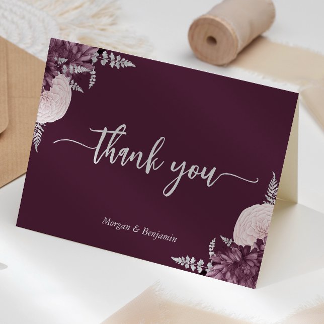 Mauve Silver Floral Script Wedding Thank You Card (Creator Uploaded)