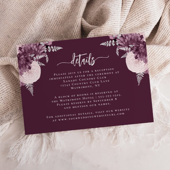 Mauve Silver Floral Wedding Details Enclosure Card (Creator Uploaded)