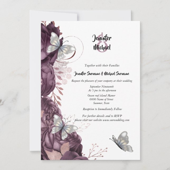 Mauve silver rose butterfly chic elegant wedding invitation (Front)