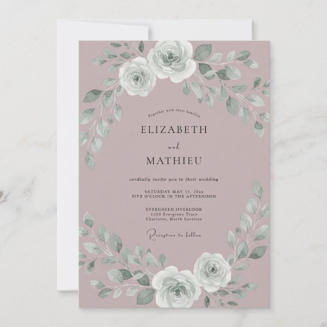 Mauve Silver Rose Romantic Wedding Invitation (Front)