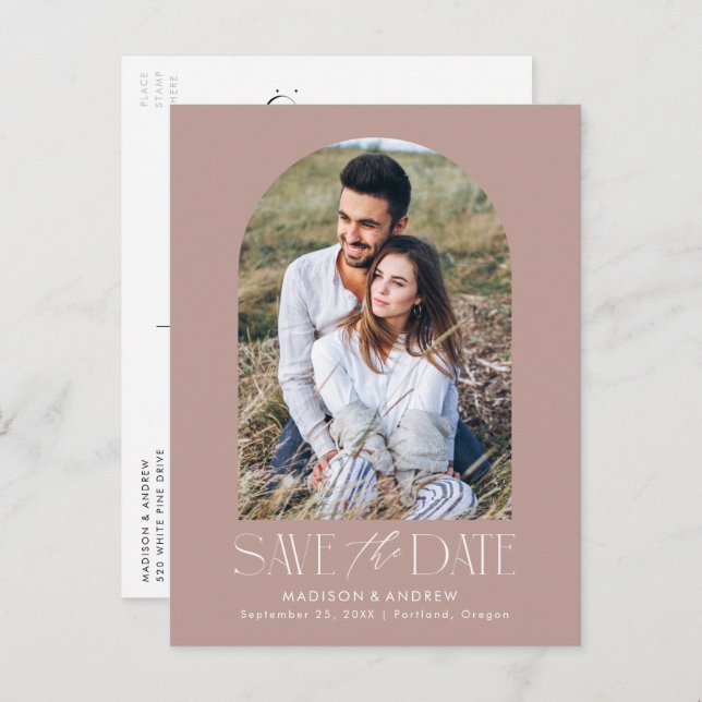 Mauve | Simple Modern Arch Photo Save the Date Announcement Postcard (Front/Back)