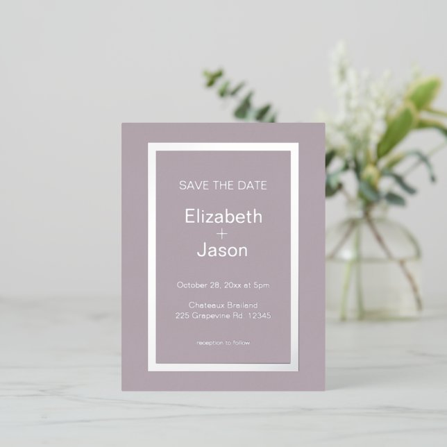 Mauve  Simple Wedding Save The Date Silver   Foil Invitation Postcard (Standing Front)