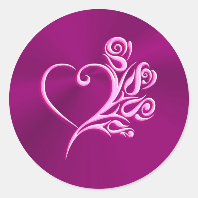 Mauve Stylised Heart and Roses, embossed-effect Classic Round Sticker (Front)