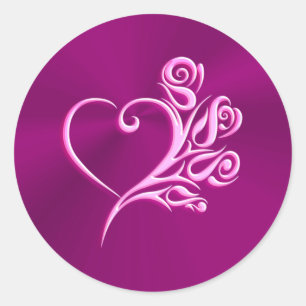 Mauve Stylised Heart and Roses, embossed-effect Classic Round Sticker