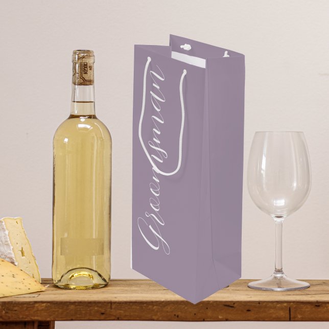 Mauve Stylised Script Wedding Groomsman Wine Gift Bag (In Situ)