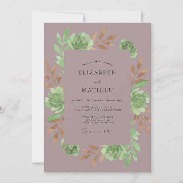 Mauve Succulent Botanical Wedding Invitation (Front)