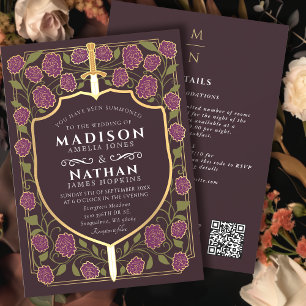 Mauve Sword Shield Fantasy Wedding QR Code Invitation