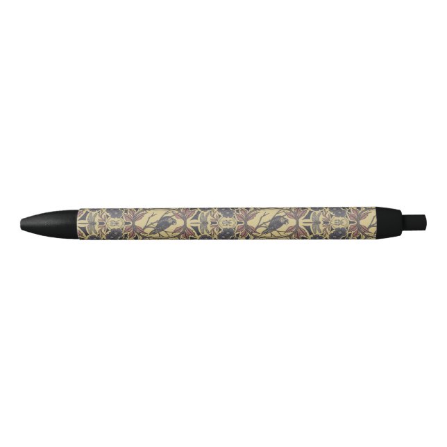 Mauve, Tan & Grey Crow & Dragonfly Floral Black Ink Pen (Front)