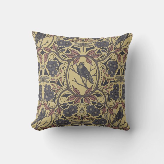 Mauve, Tan & Grey Crow & Dragonfly Floral Cushion (Front)