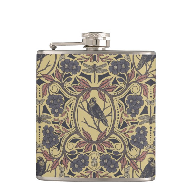 Mauve, Tan & Grey Crow & Dragonfly Floral Hip Flask (Front)