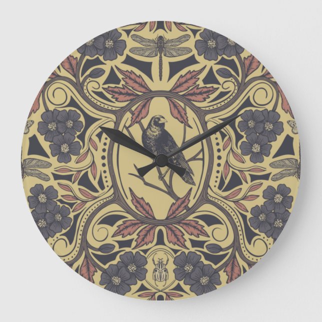 Mauve, Tan & Grey Crow & Dragonfly Floral Large Clock (Front)