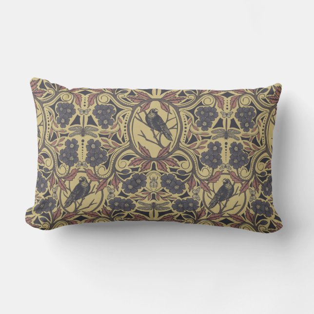 Mauve, Tan & Grey Crow & Dragonfly Floral Lumbar Cushion (Front)