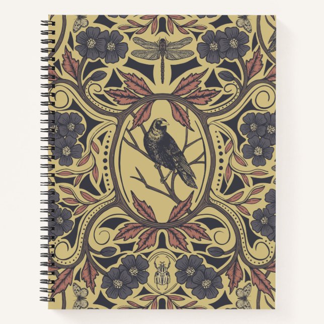 Mauve, Tan & Grey Crow & Dragonfly Floral Notebook (Front)