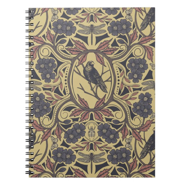 Mauve, Tan & Grey Crow & Dragonfly Floral Notebook (Front)