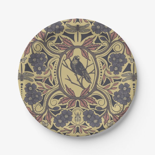 Mauve, Tan & Grey Crow & Dragonfly Floral Paper Plate (Front)
