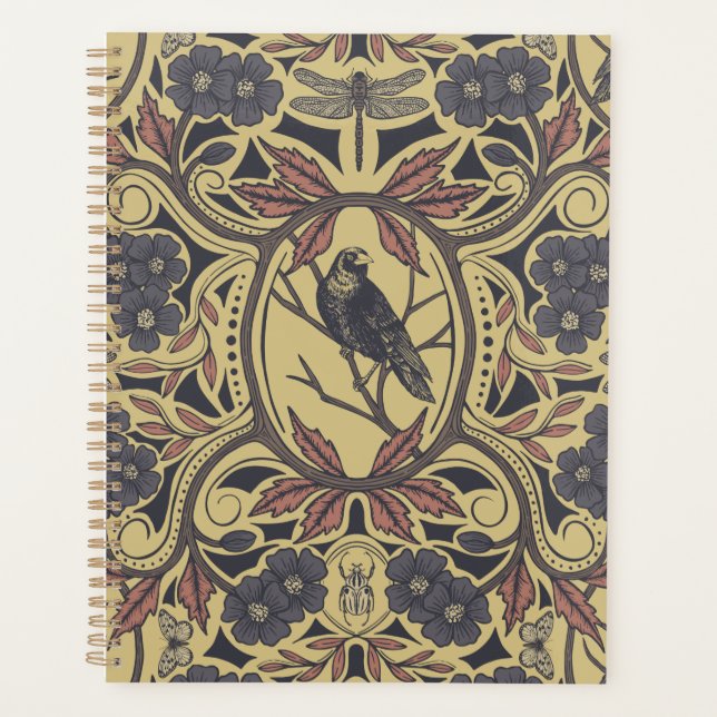 Mauve, Tan & Grey Crow & Dragonfly Floral Planner (Front)