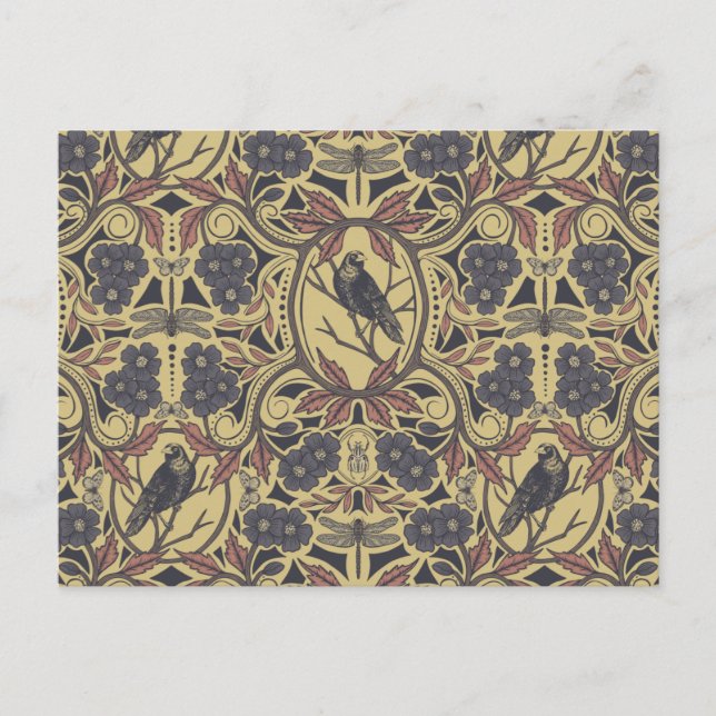 Mauve, Tan & Grey Crow & Dragonfly Floral Postcard (Front)