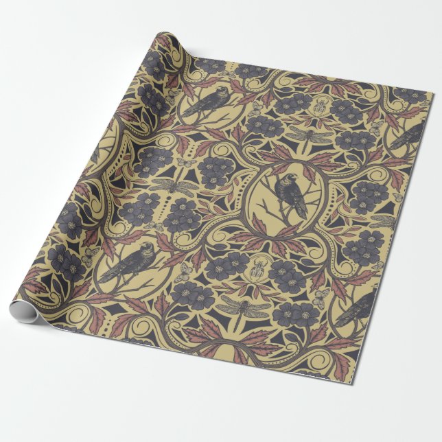 Mauve, Tan & Grey Crow & Dragonfly Floral Wrapping Paper (Unrolled)