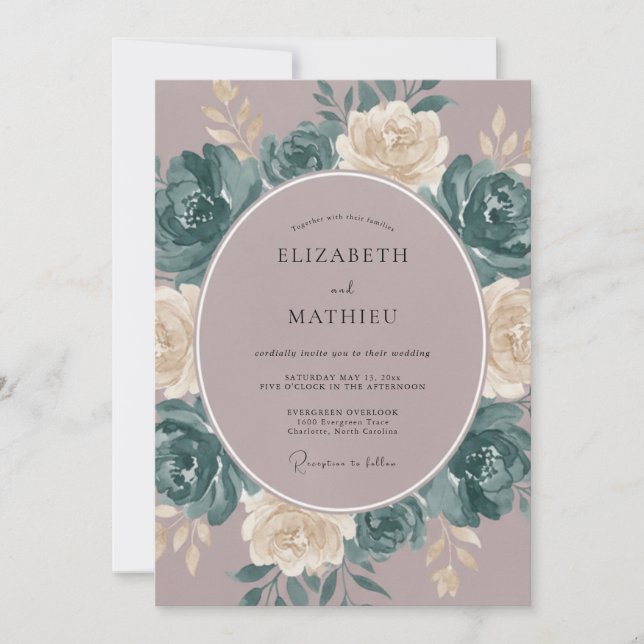 Mauve Teal Atmospheric Rose Wedding Invitation (Front)