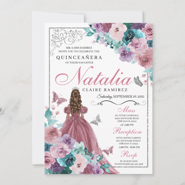 Mauve & Teal Ocean Sunset Princess Quinceanera Invitation (Front)