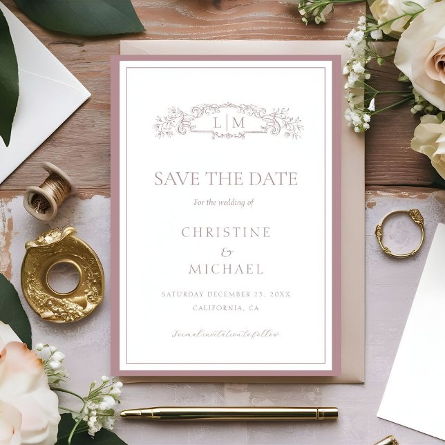 Mauve & Teracotta botanical crest monogram wedding Save The Date (Creator Uploaded)