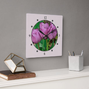 "MAUVE TULIPS" SQUARE WALL CLOCK