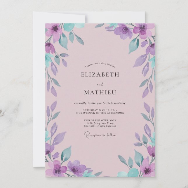 Mauve Violet Leafy Wedding Invitation (Front)