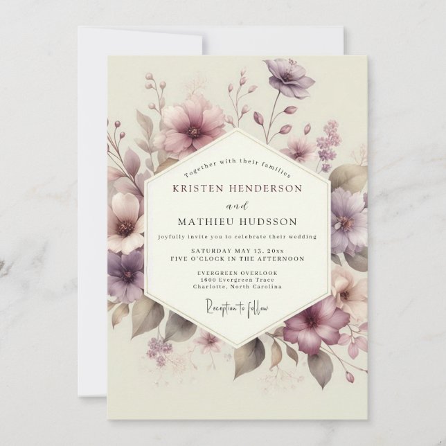 Mauve Watercolor Bloom Wedding Invitation (Front)
