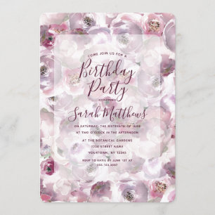 Mauve Watercolor Floral Birthday Party Invitation