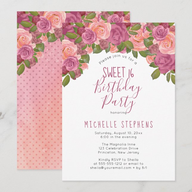 Mauve Watercolor Floral Sweet 16 Birthday Party Invitation (Front/Back)