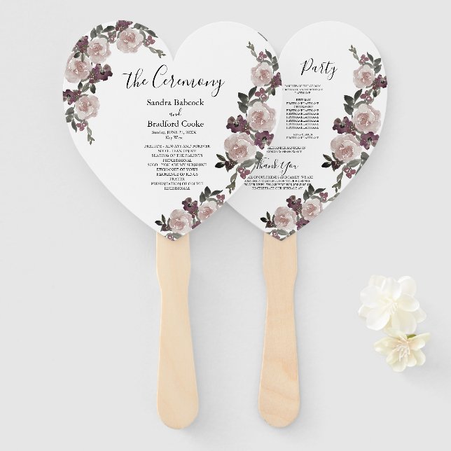 Mauve Watercolor Floral Wedding Ceremony Program   Hand Fan (Front and Back)