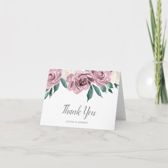 Mauve Watercolor Roses Floral Thank You (Front)
