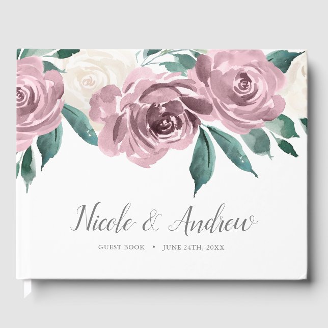 Mauve Watercolor Roses Floral Wedding Guest Book (Front)