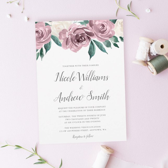Mauve Watercolor Roses Floral Wedding Invitations (Creator Uploaded)