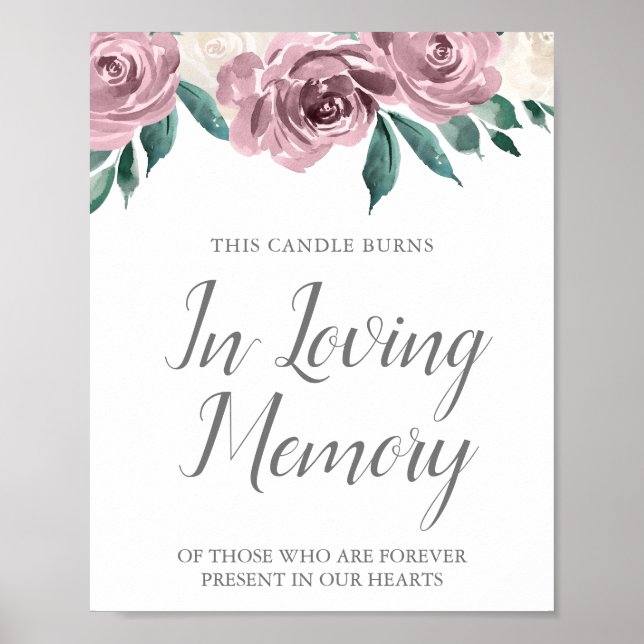 Mauve Watercolor Roses Floral Wedding Memorial Poster (Front)