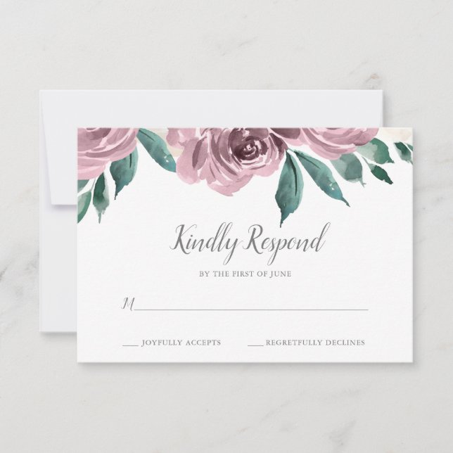 Mauve Watercolor Roses Floral Wedding RSVP (Front)