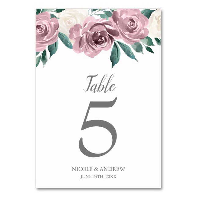 Mauve Watercolor Roses Floral Wedding Table Number (Front)