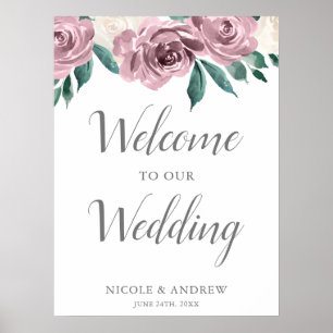 Mauve Watercolor Roses Floral Wedding Welcome Poster