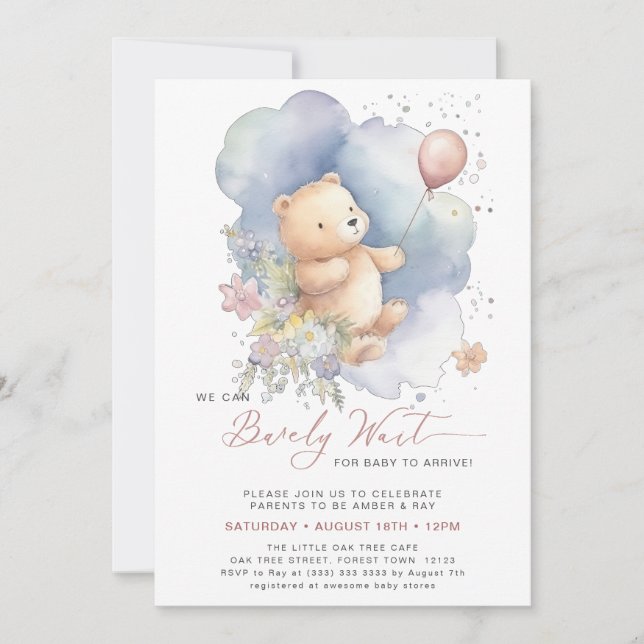 Mauve We Can Bearly Wait Girl Baby Shower Invitation (Front)