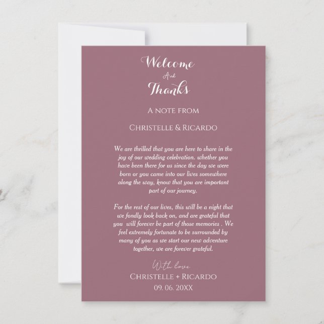 Mauve Welcome & thank you Wedding note  (Front)