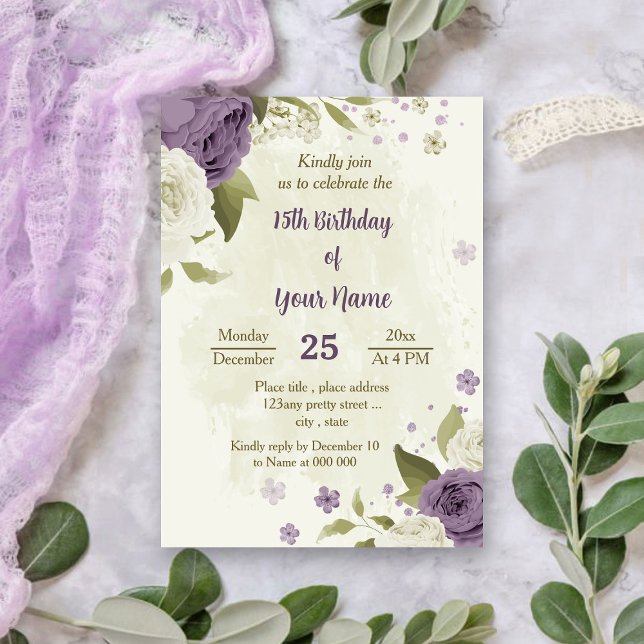 mauve white flowers greenery birthday invitation (Creator Uploaded)