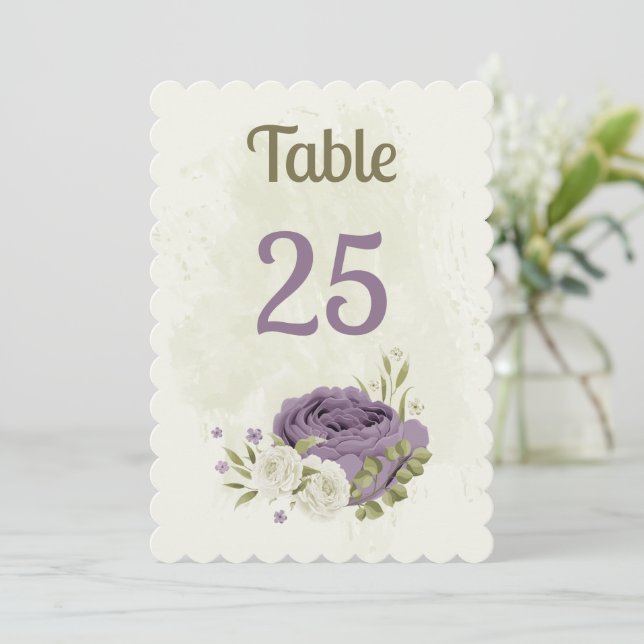 mauve white flowers greenery table number card (Standing Front)