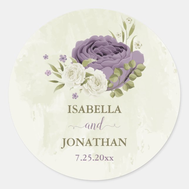 mauve white flowers greenery wedding classic round sticker (Front)