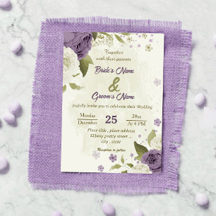 mauve white flowers greenery wedding invitation
